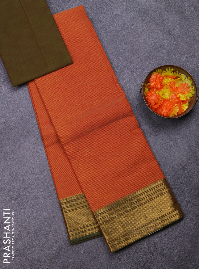 Chettinad cotton saree rust shade and green with allover small checked pattern and zari woven border