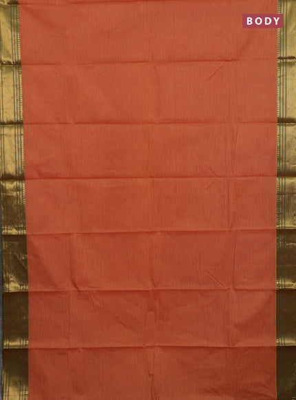 Chettinad cotton saree rust shade and green with allover small checked pattern and zari woven border