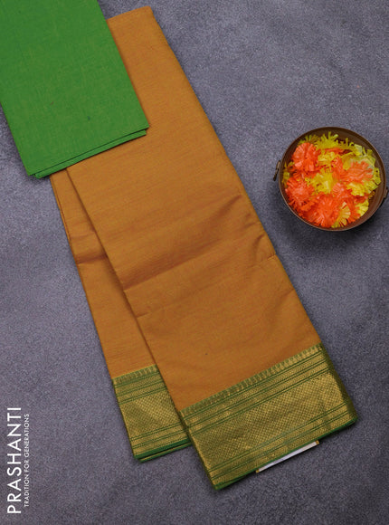 Chettinad cotton saree mustard yellow and green with allover small checked pattern and zari woven border