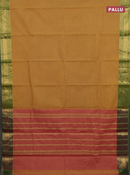 Chettinad cotton saree mustard yellow and green with allover small checked pattern and zari woven border