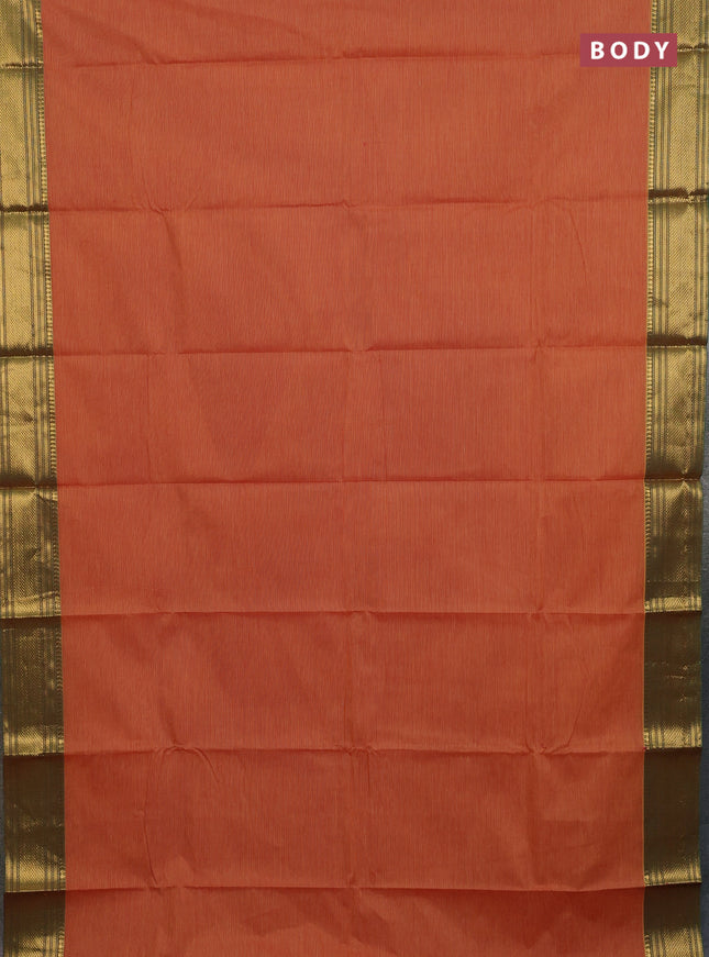 Chettinad cotton saree rust shade and green with allover small checked pattern and zari woven border