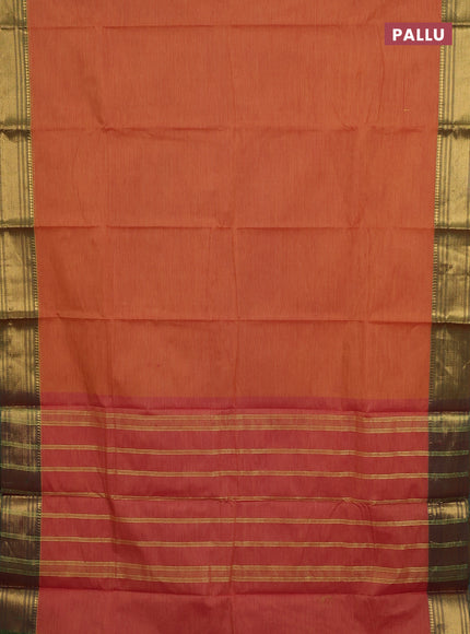 Chettinad cotton saree rust shade and green with allover small checked pattern and zari woven border