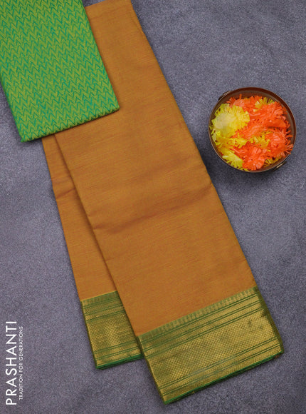 Chettinad cotton saree mustard yellow and green with allover small checked pattern and zari woven border
