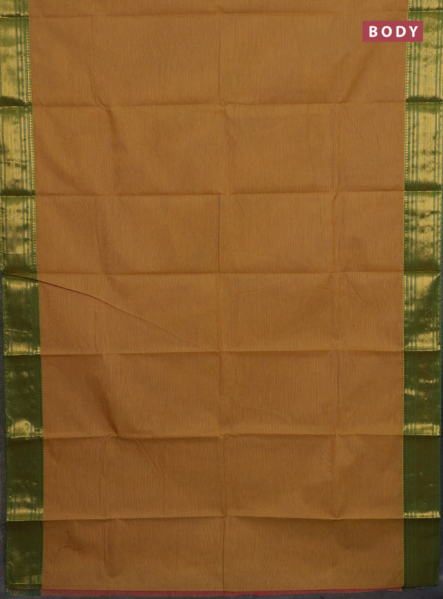 Chettinad cotton saree mustard yellow and green with allover small checked pattern and zari woven border