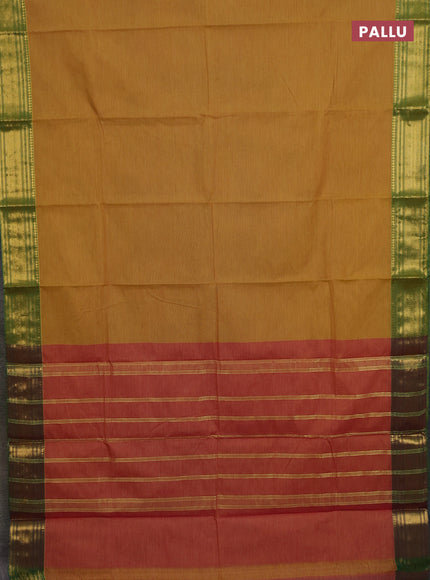 Chettinad cotton saree mustard yellow and green with allover small checked pattern and zari woven border
