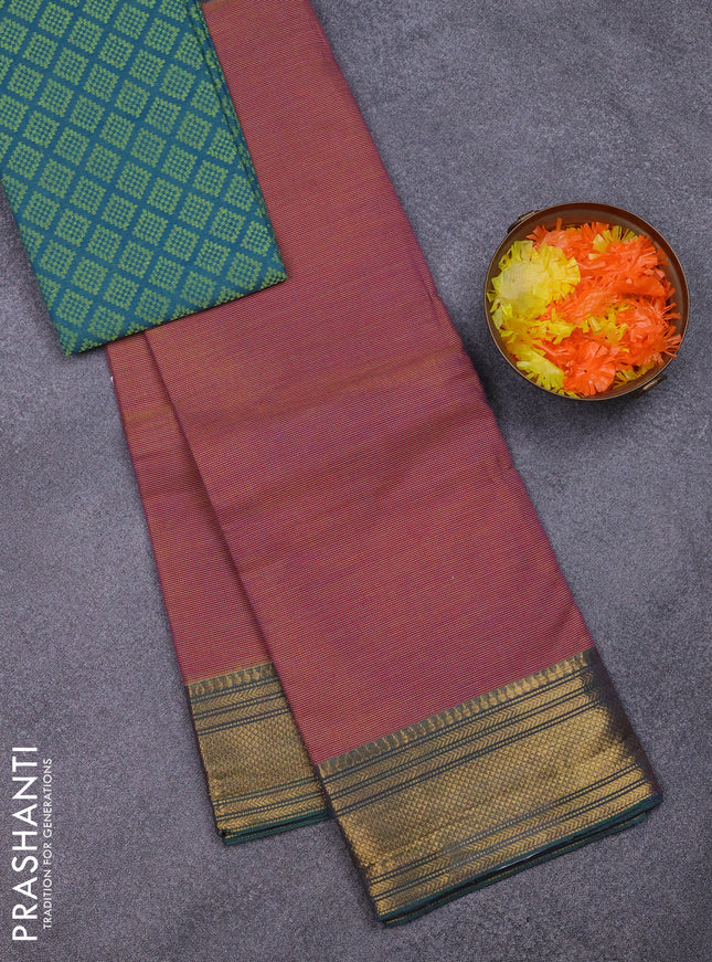 Chettinad cotton saree dual shade of pink and green with allover small checked pattern and zari woven border