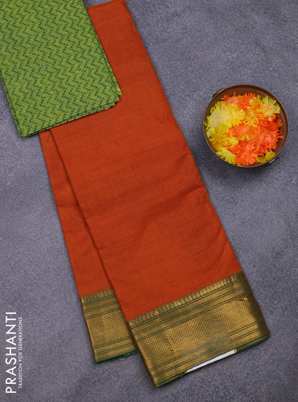 Chettinad cotton saree rustic orange and green with allover small checked pattern and zari woven border