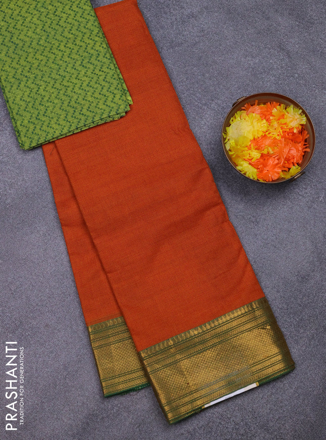 Chettinad cotton saree rustic orange and green with allover small checked pattern and zari woven border