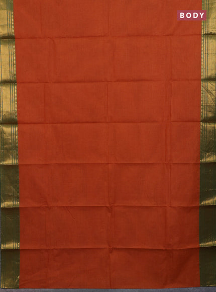 Chettinad cotton saree rustic orange and green with allover small checked pattern and zari woven border