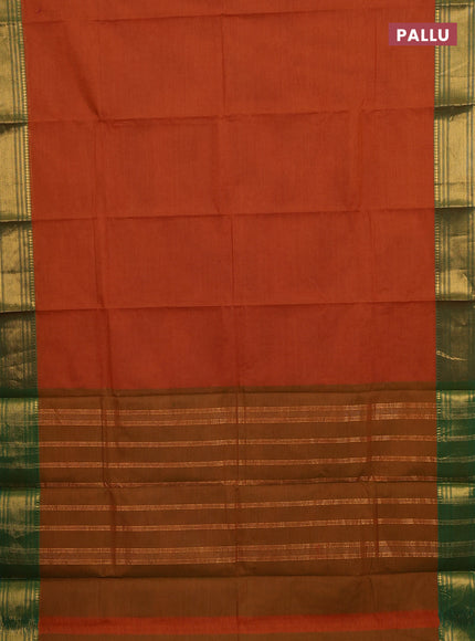 Chettinad cotton saree rustic orange and green with allover small checked pattern and zari woven border