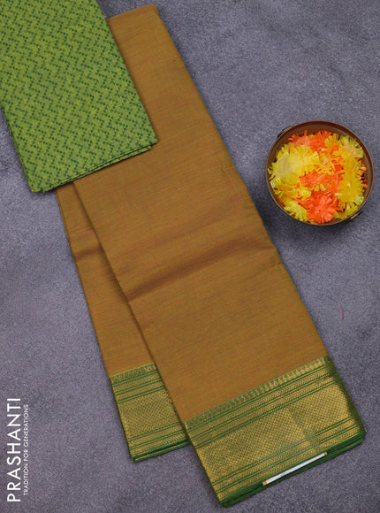 Chettinad cotton saree mustard green and light green with allover small checked pattern and zari woven border