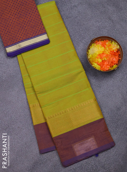 Chettinad cotton saree lime green and mustard shade with allover stripes pattern and temple zari woven simple border