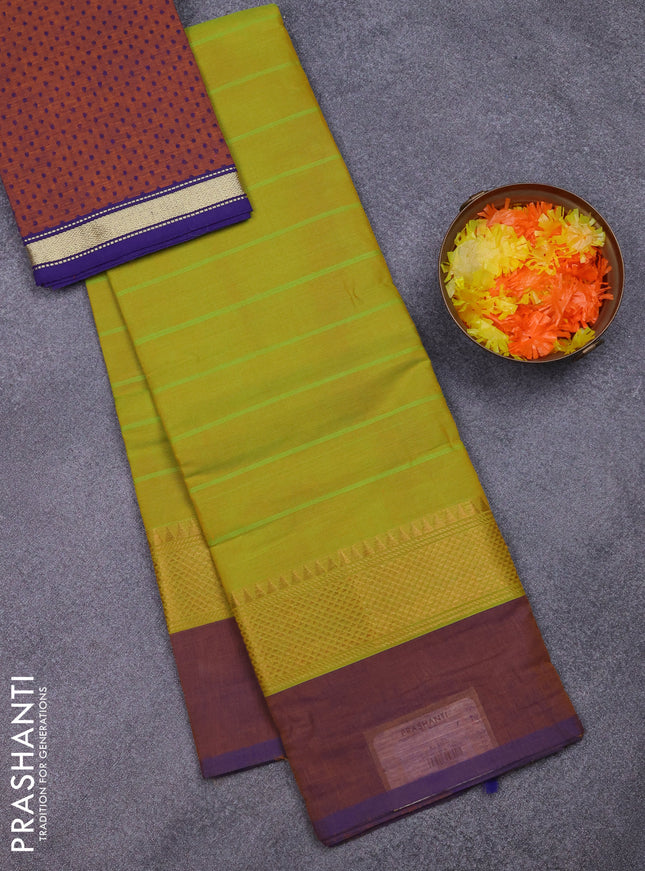 Chettinad cotton saree lime green and mustard shade with allover stripes pattern and temple zari woven simple border