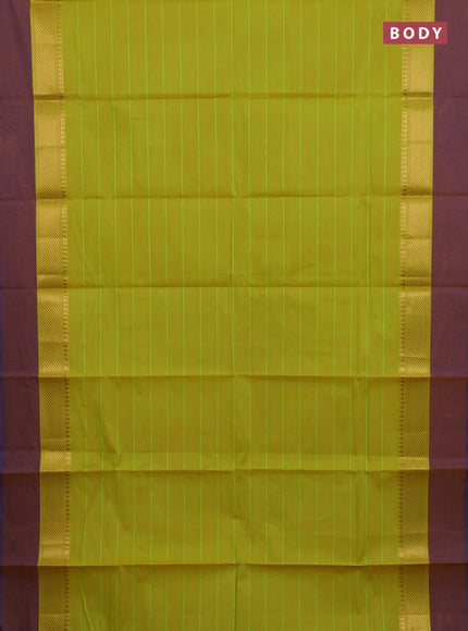 Chettinad cotton saree lime green and mustard shade with allover stripes pattern and temple zari woven simple border