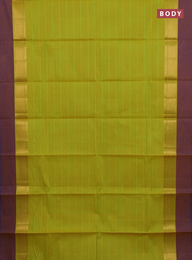 Chettinad cotton saree lime green and mustard shade with allover stripes pattern and temple zari woven simple border