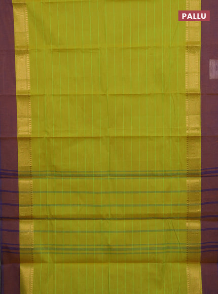 Chettinad cotton saree lime green and mustard shade with allover stripes pattern and temple zari woven simple border