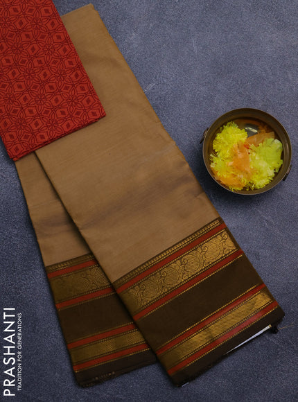 Chettinad cotton saree dark sandal and red with plain body and rettapet zari woven butta border