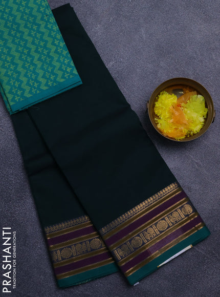 Chettinad cotton saree bottle green and teal green with plain body and rettapet zari woven butta border