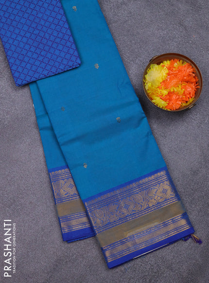 Chettinad cotton saree teal green shade and blue with zari woven buttas and zari woven border