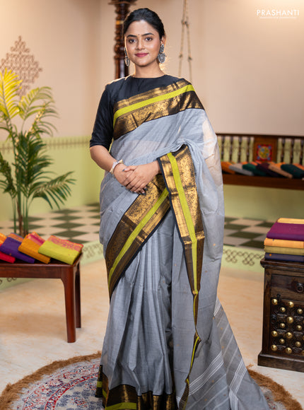 Chettinad cotton saree grey and light green with zari woven buttas and zari woven border