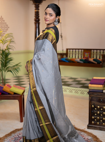 Chettinad cotton saree grey and light green with zari woven buttas and zari woven border