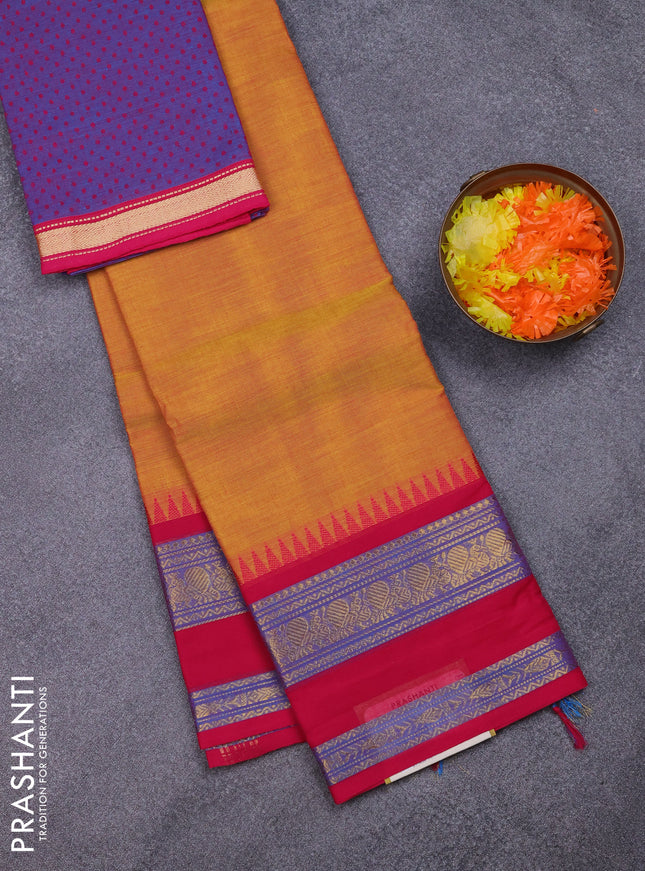 Chettinad cotton saree mustard yellow and pink with plain body and temple design rettapet zari woven border