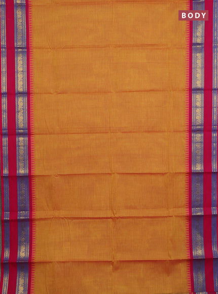 Chettinad cotton saree mustard yellow and pink with plain body and temple design rettapet zari woven border
