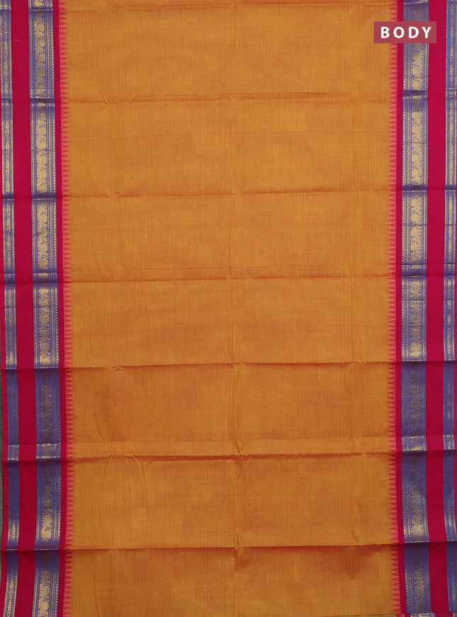 Chettinad cotton saree mustard yellow and pink with plain body and temple design rettapet zari woven border