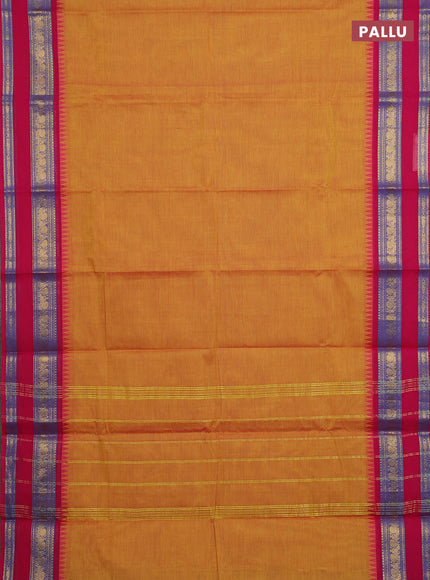 Chettinad cotton saree mustard yellow and pink with plain body and temple design rettapet zari woven border