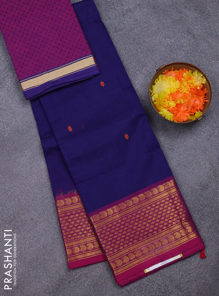 Chettinad cotton saree navy blue and purple with thread woven buttas and rettapet paisley zari woven butta border