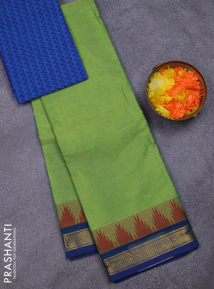 Chettinad cotton saree light green and blue with plain body and temple design zari woven border