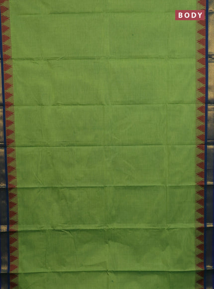 Chettinad cotton saree light green and blue with plain body and temple design zari woven border