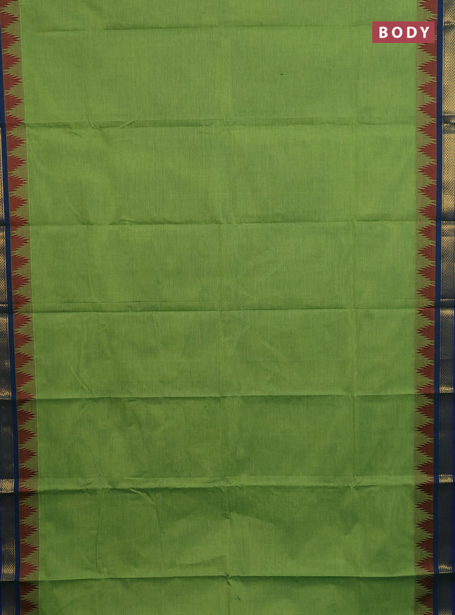 Chettinad cotton saree light green and blue with plain body and temple design zari woven border