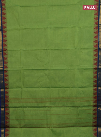 Chettinad cotton saree light green and blue with plain body and temple design zari woven border