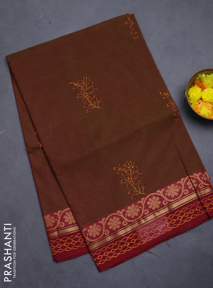 Chettinad cotton saree dual shade of greenish maroon and maroon with floral prints and thread & zari woven border
