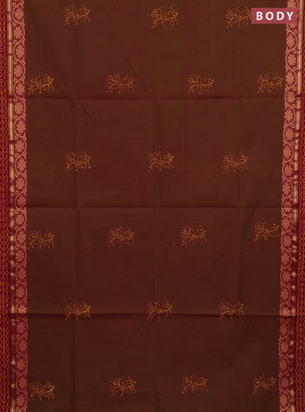 Chettinad cotton saree dual shade of greenish maroon and maroon with floral prints and thread & zari woven border