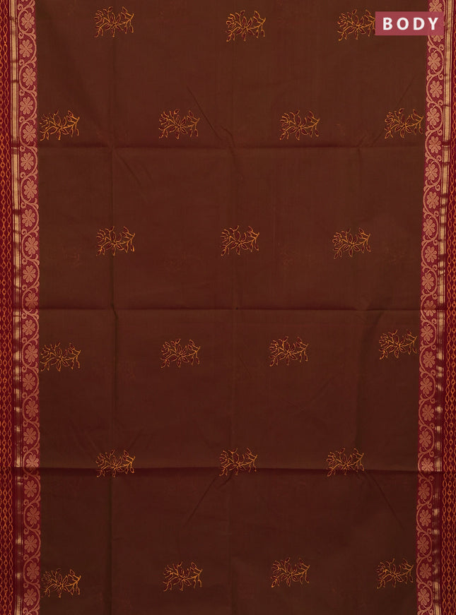 Chettinad cotton saree dual shade of greenish maroon and maroon with floral prints and thread & zari woven border