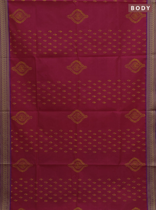 Chettinad cotton saree pink and violet with allover prints and thread woven border