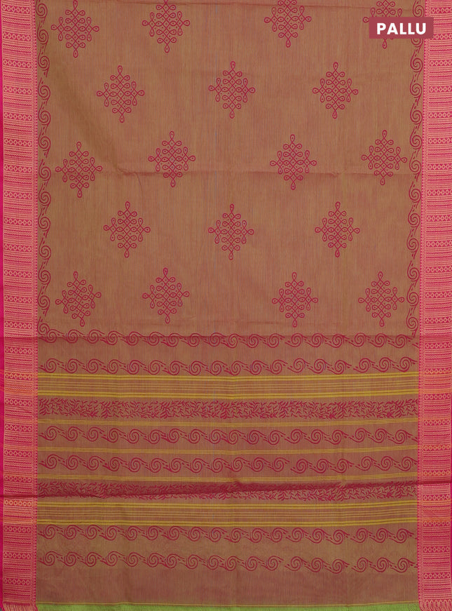Chettinad cotton saree dual shade of greenish pink and pink with allover prints and thread woven border