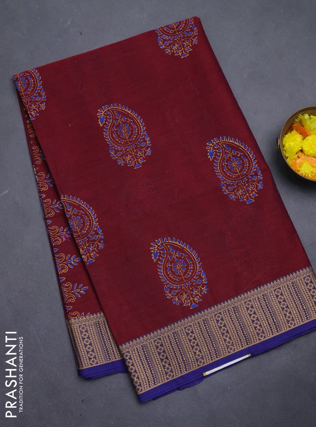 Chettinad cotton saree deep wine and blue with paisley prints and thread woven border