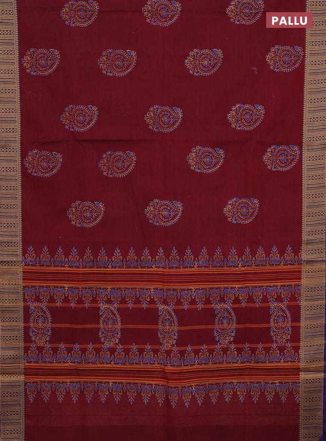 Chettinad cotton saree deep wine and blue with paisley prints and thread woven border