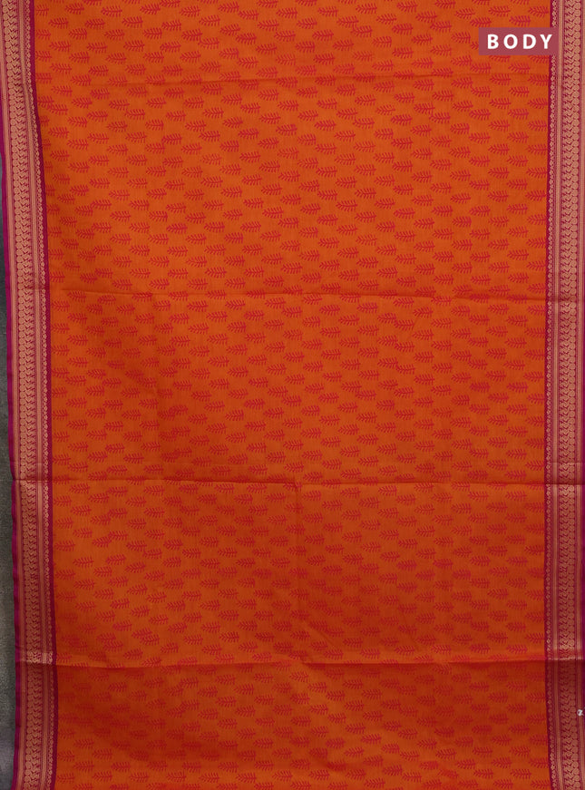 Chettinad cotton saree orange and purple with allover prints and thread woven border