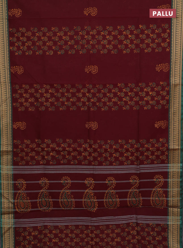 Chettinad cotton saree deep wine and green with allover prints and thread woven border