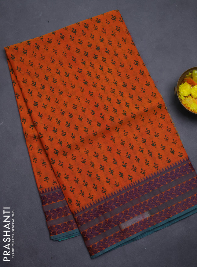 Chettinad cotton saree orange and teal green with allover prints and thread woven border