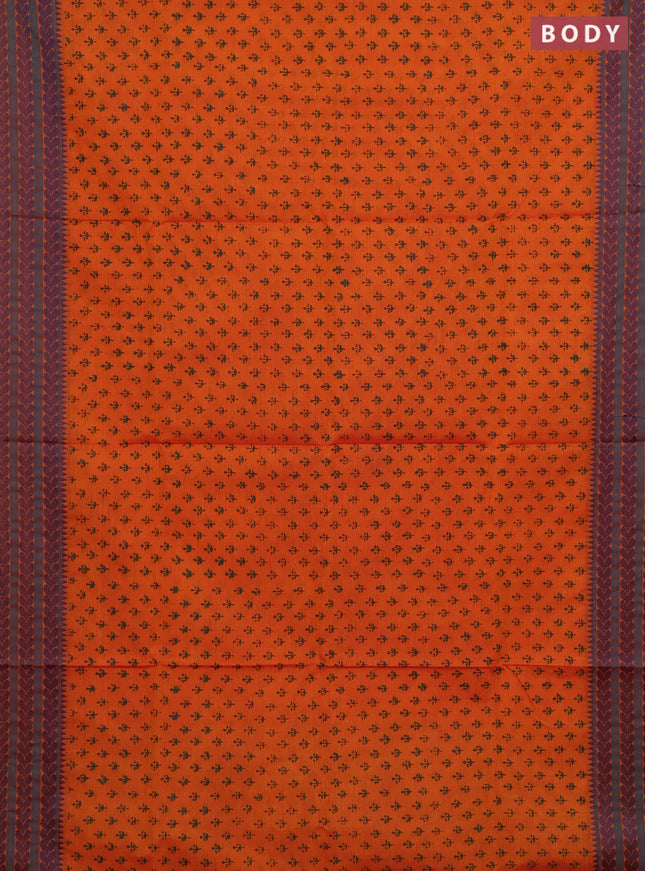 Chettinad cotton saree orange and teal green with allover prints and thread woven border