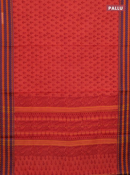 Chettinad cotton saree rustic orange and mustard yellow with allover prints and thread woven border