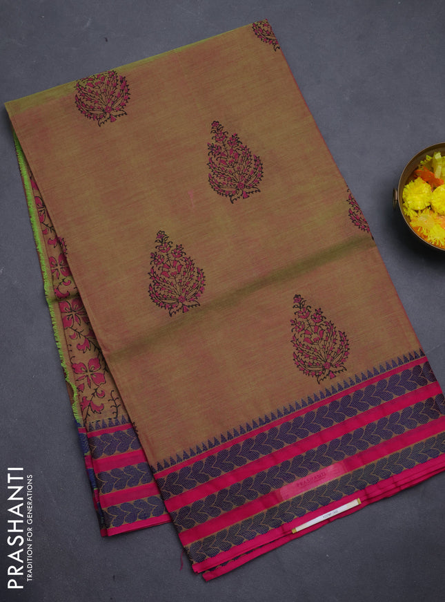 Chettinad cotton saree dual shade of greenish pink and pink with allover prints and thread woven border