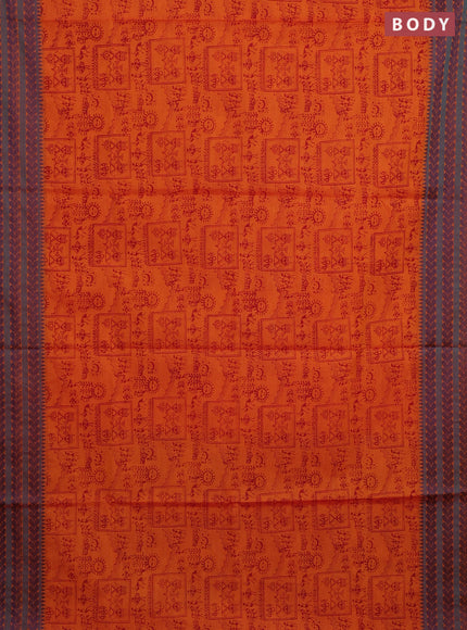 Chettinad cotton saree orange and blue shade with allover warli prints and thread woven border