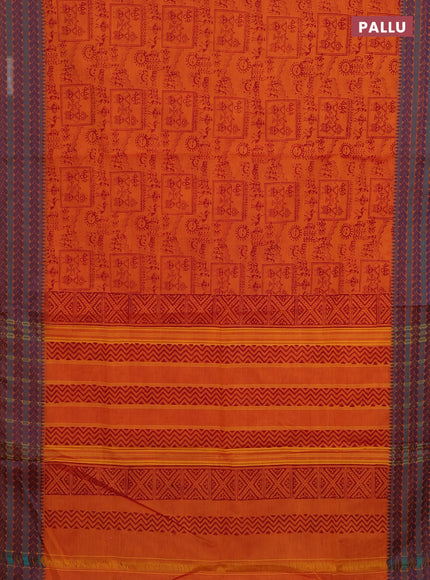 Chettinad cotton saree orange and blue shade with allover warli prints and thread woven border