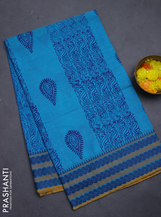 Chettinad cotton saree teal blue and mustard yellow with allover prints and thread woven border